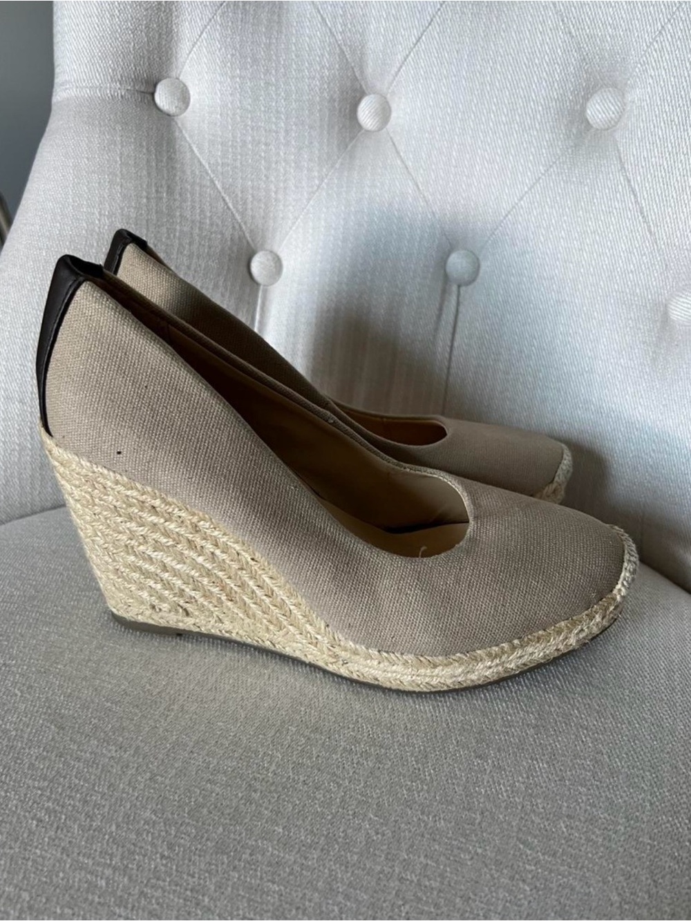 Mootsies Tootsies Beige Canvas Espadrille Wedge Pumps with Dark Heel Trim